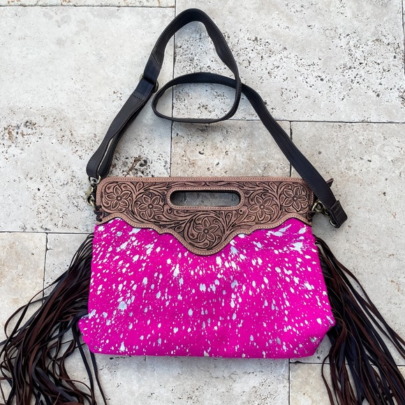 Tooled Leather Cowhide Fringe Tassel clutch crossbody purse pink + silver specs - Picture 3 of 11
